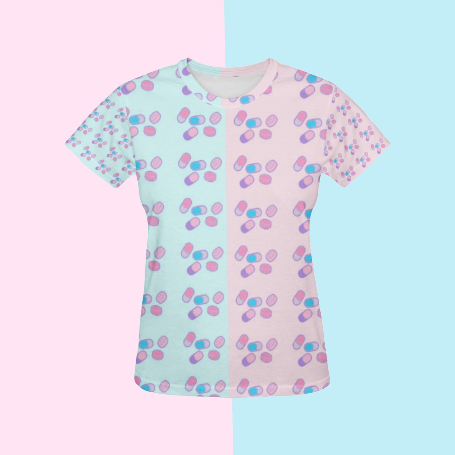 Menhera kei Harajuku Clothes pills t-shirt displayed on pastel background.
