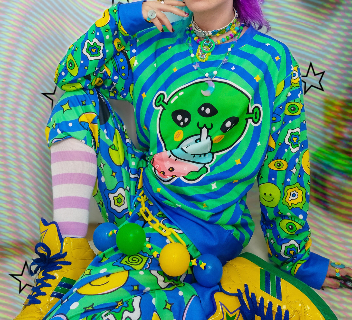 Model wearing Harajuku_Kidcore_Alien_Jogger_Pants_Alien_Jumper