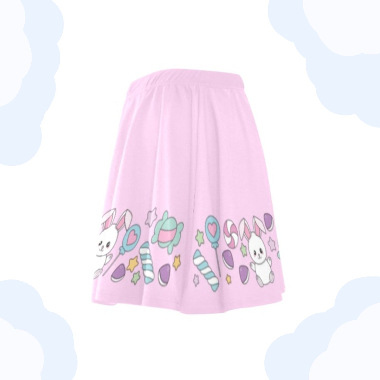Pink kawaii skirt displayed on clean white background.