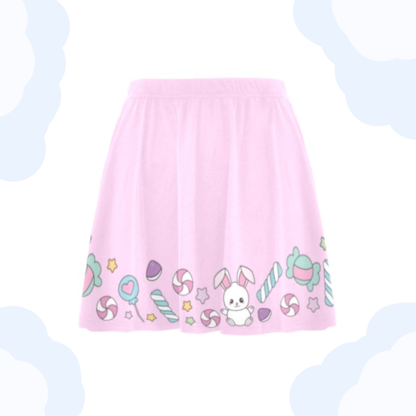 Pink kawaii skirt displayed on clean white background.