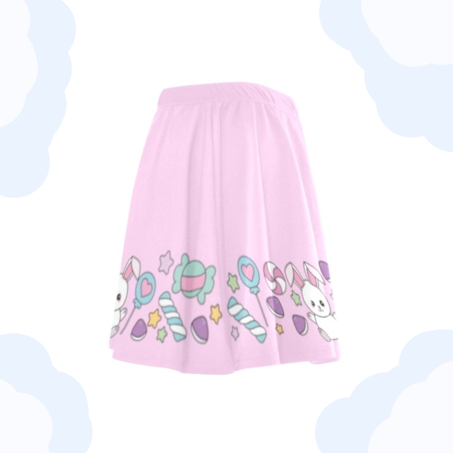 Pink kawaii skirt displayed on clean white background.
