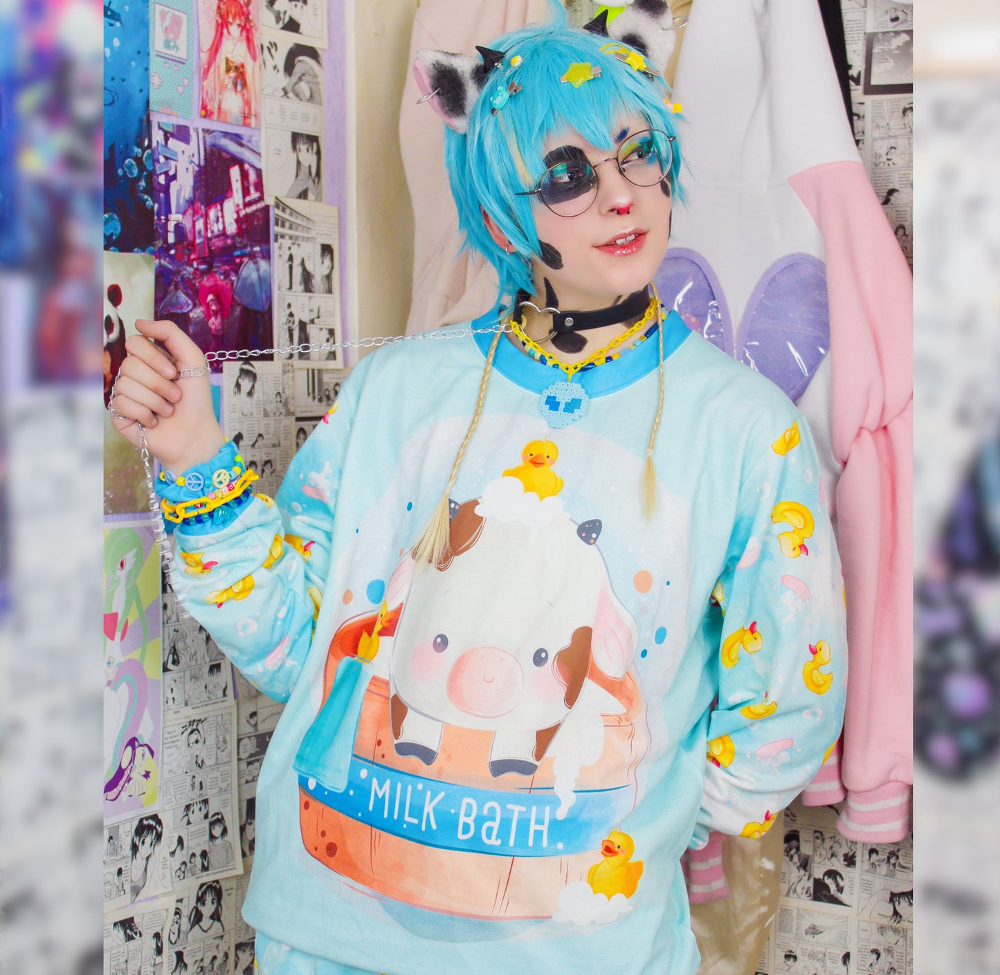 Youth model wearing Pastel Goth Yami Kawaii Baby Duck Sweatshirt