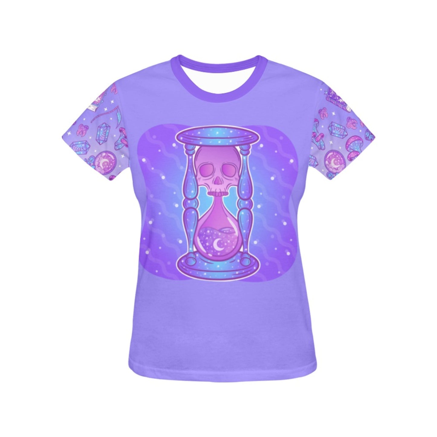 Pastel goth t-shirt with skull print on white background.