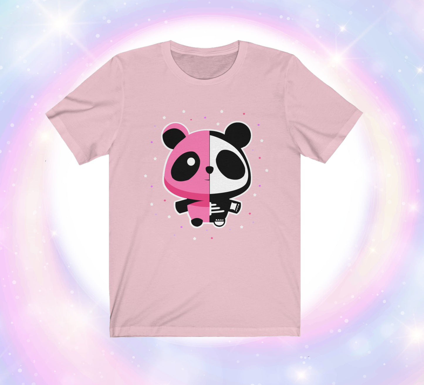 Pastel goth t-shirt with spooky pink panda bat purple print on pastel background.