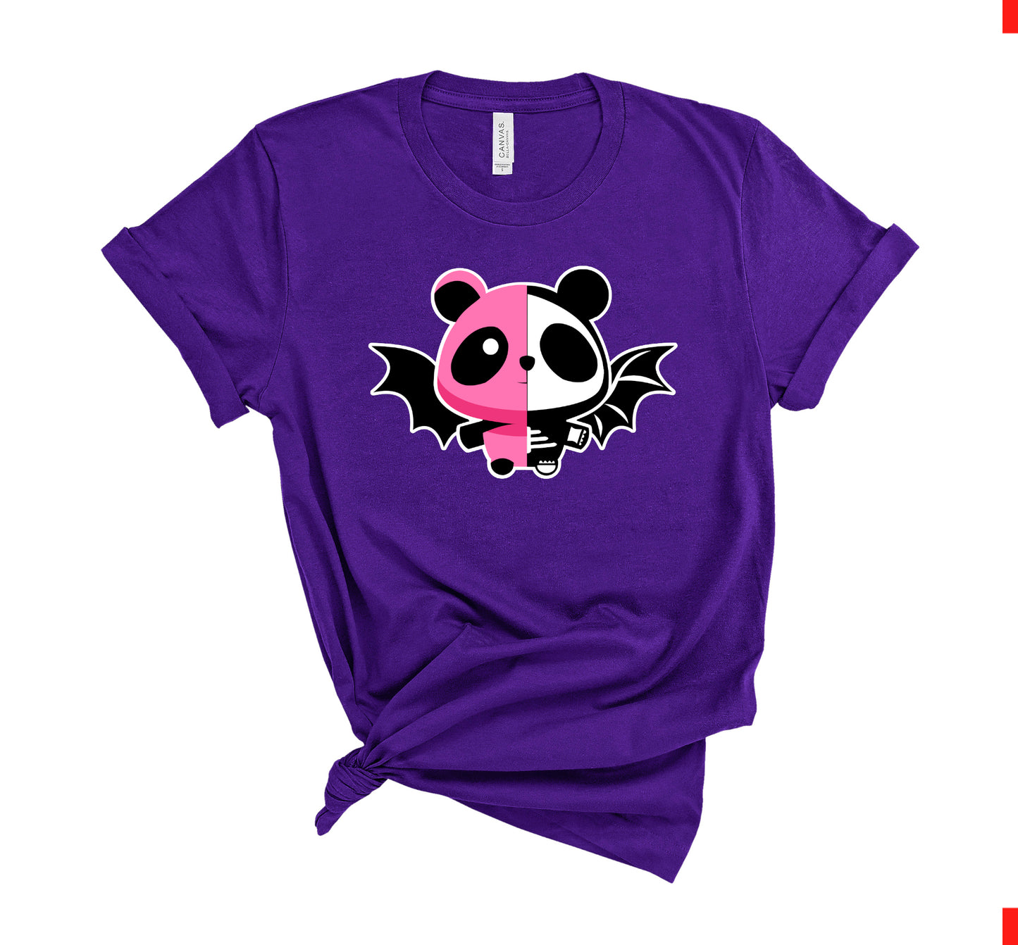 Pastel goth t-shirt with spooky pink panda bat purple print on pastel background.