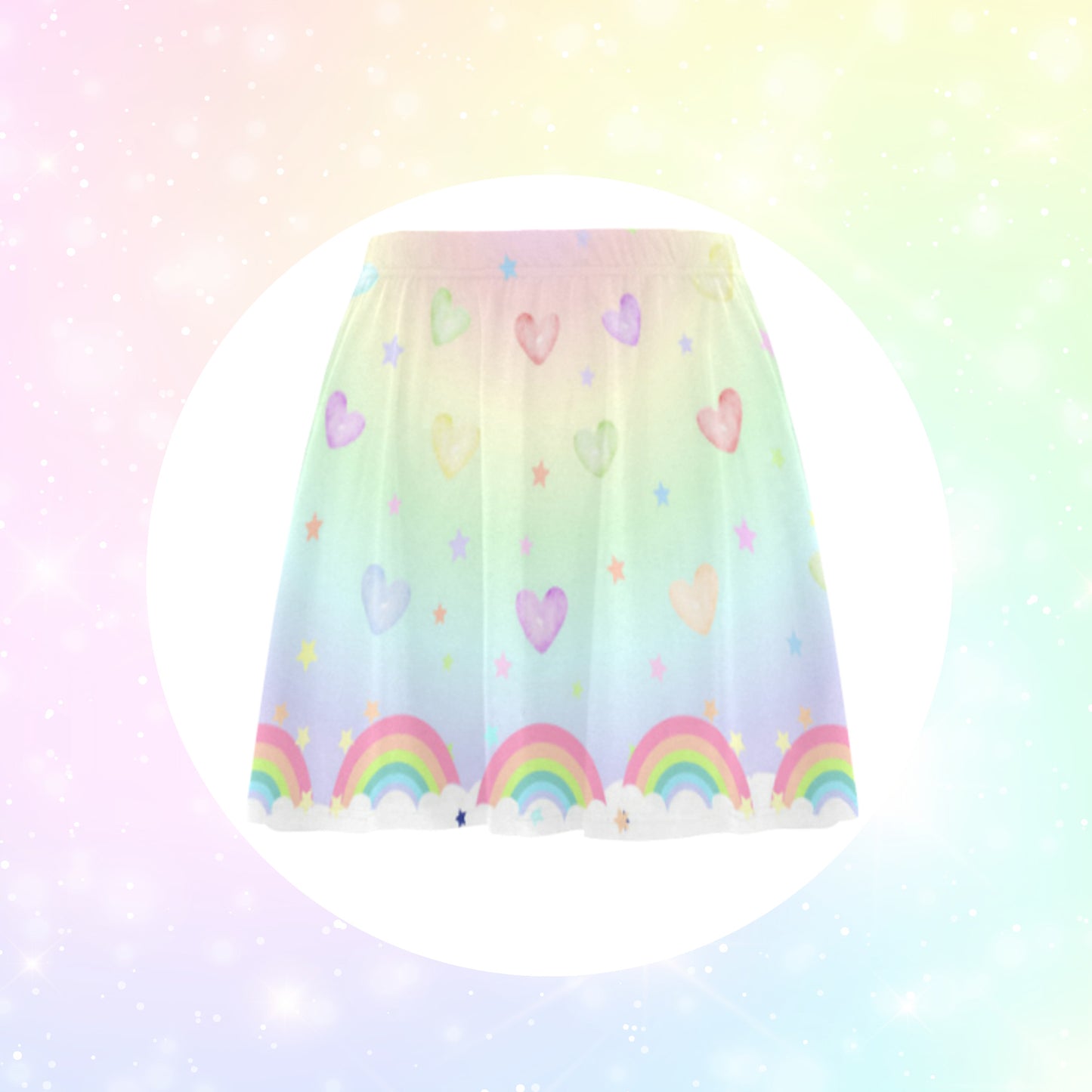 rainbow pastel kawaii skirt displayed on coloured background.