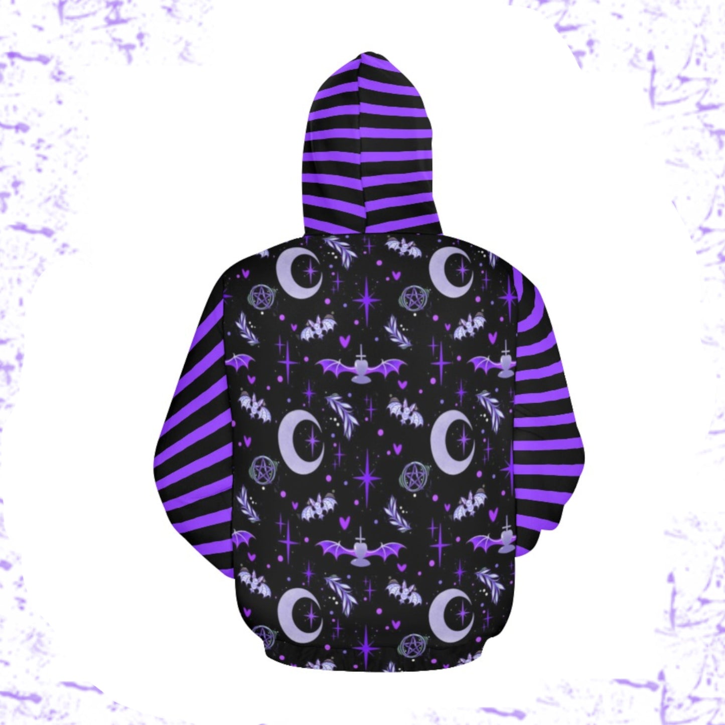 back of a purple and black pastel goth sweatshirt hoodie displayed on clean white background.