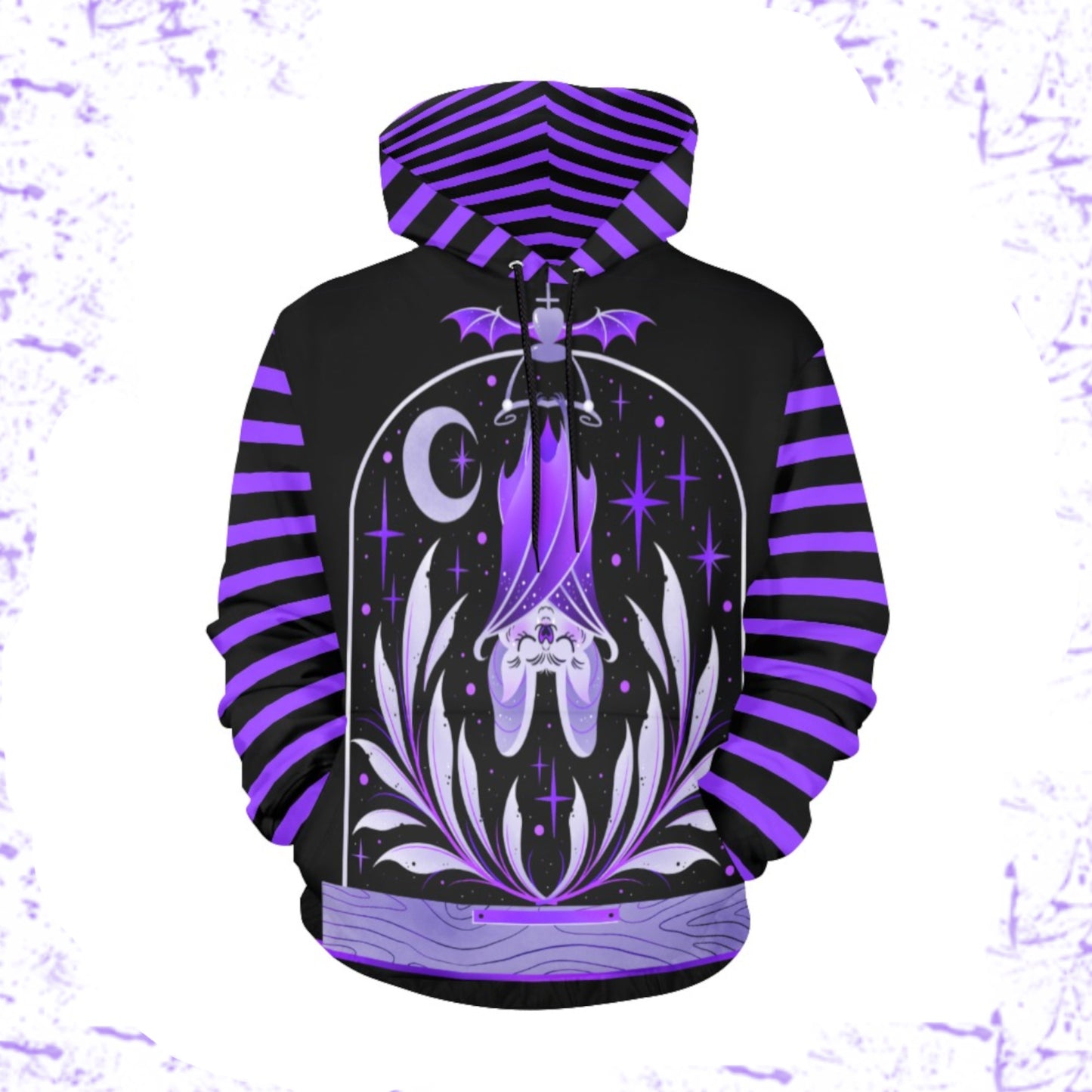 Front of a purple and black pastel goth sweatshirt hoodie displayed on clean white background.