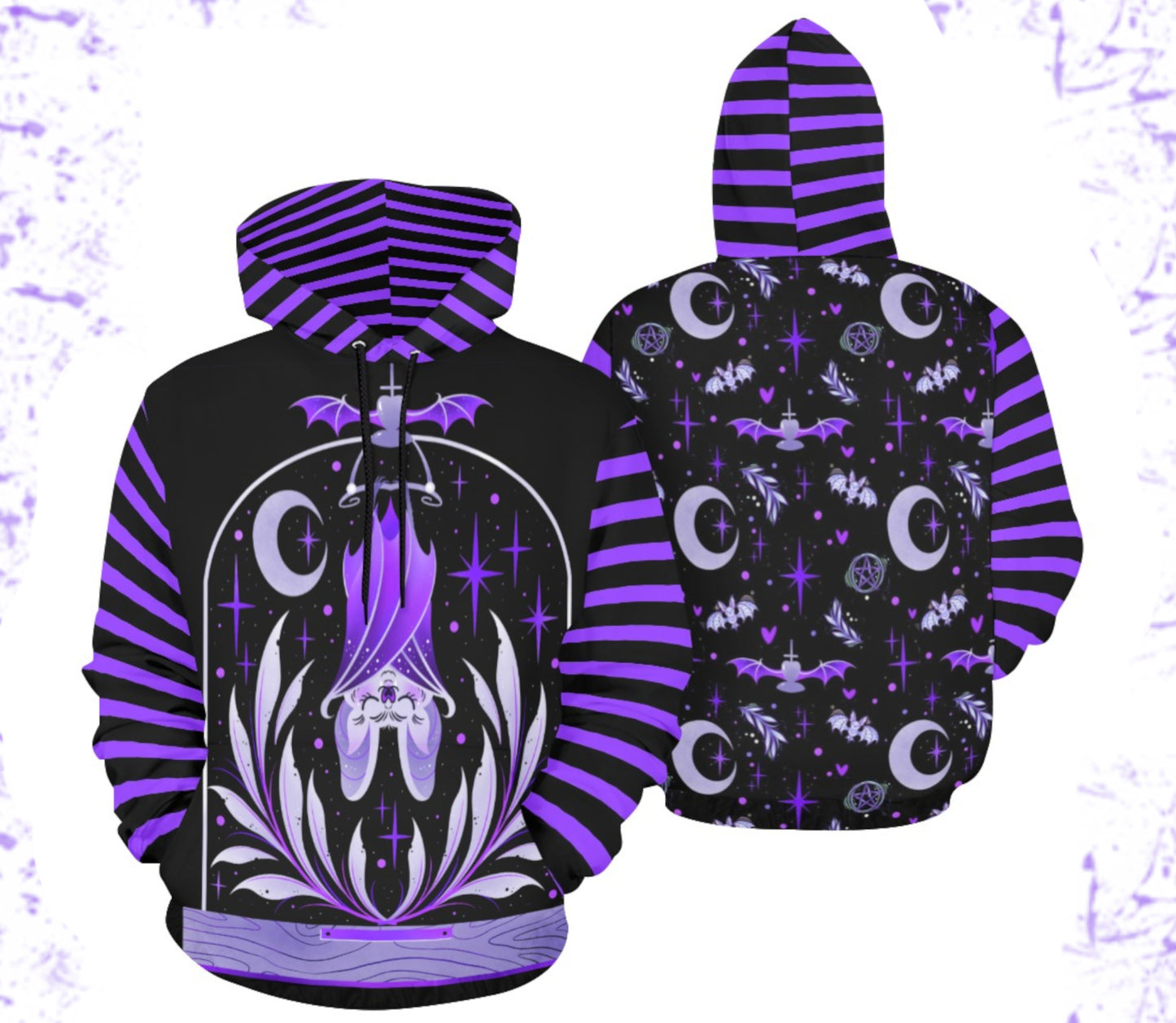 Front and back of a purple and black pastel goth sweatshirt hoodie displayed on clean white background.