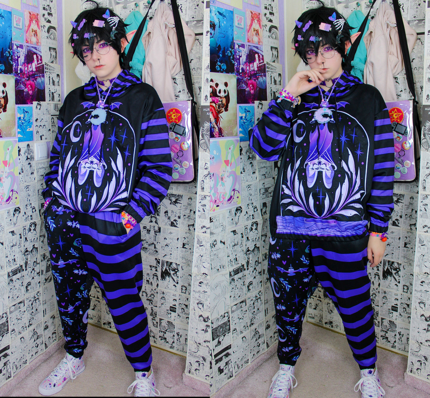 Young boy wearing a pastel goth hoodie sweatshirt and matching joggers with creepy bat design