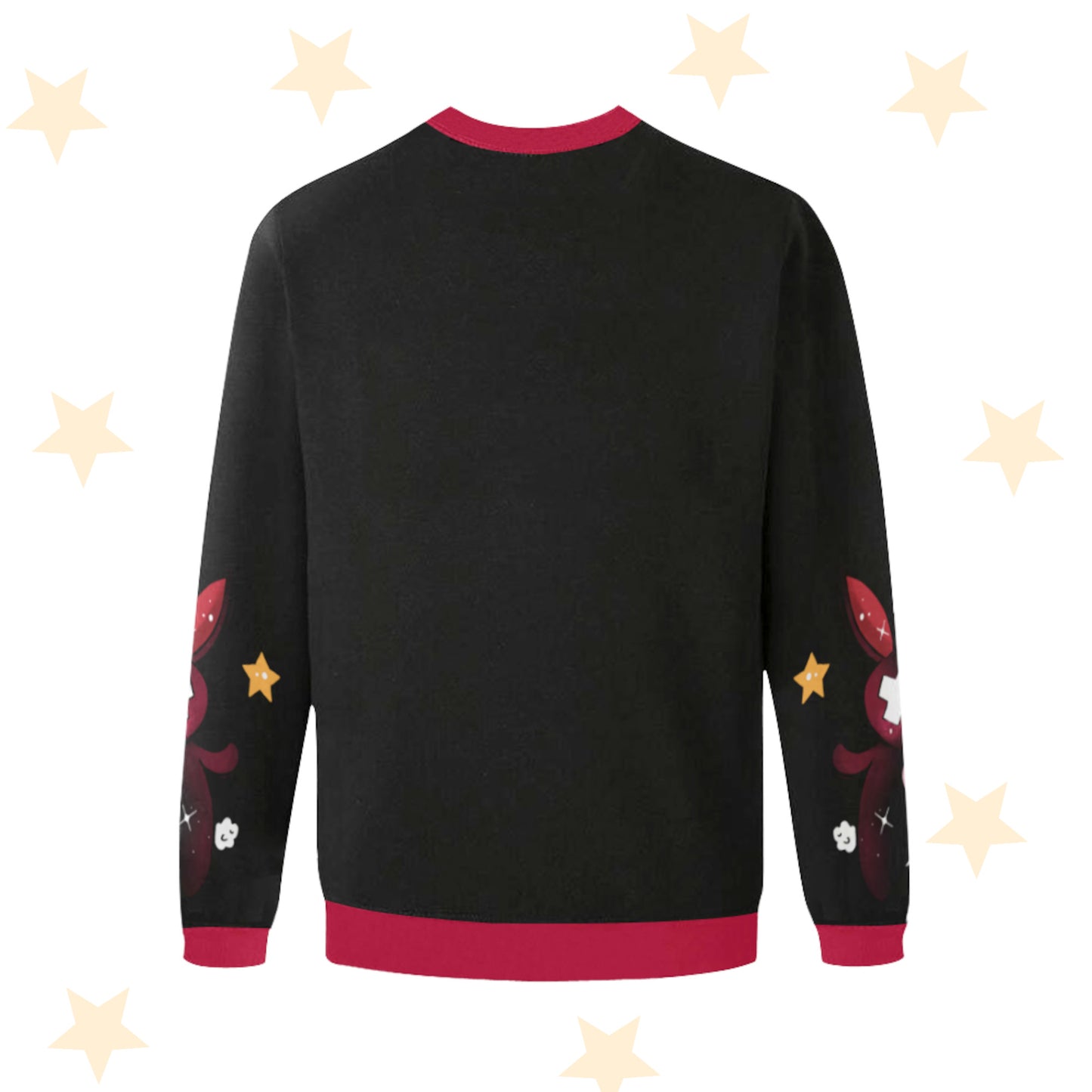 back of a red and black pastel goth sweatshirt displayed on pastel background.