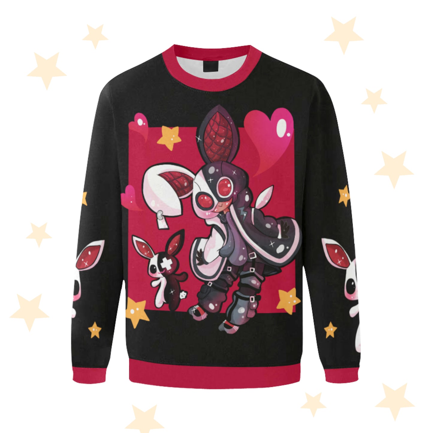 Front of a red and black pastel goth sweatshirt displayed on pastel background.