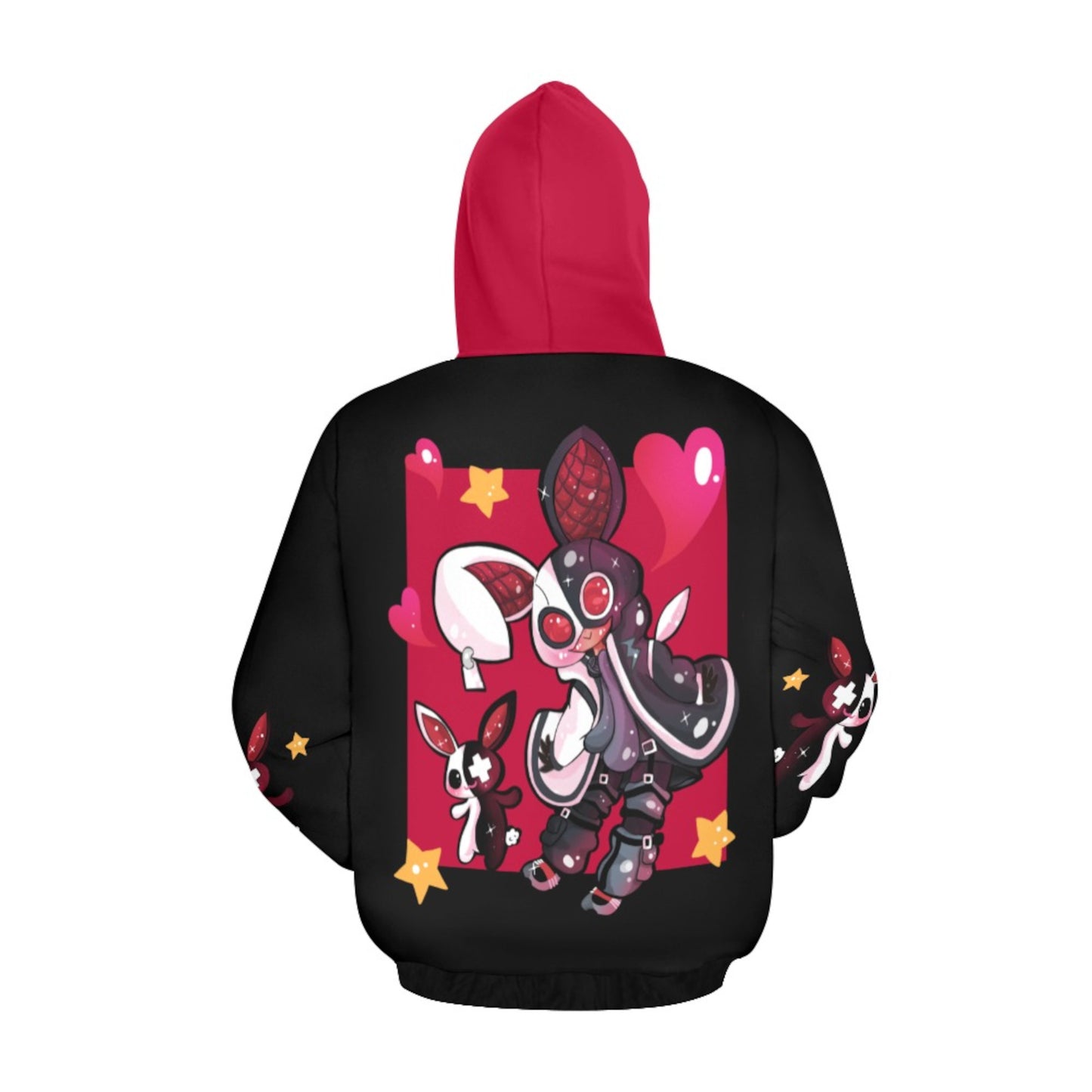 Back of a red and black pastel goth sweatshirt hoodie displayed on clean white background.