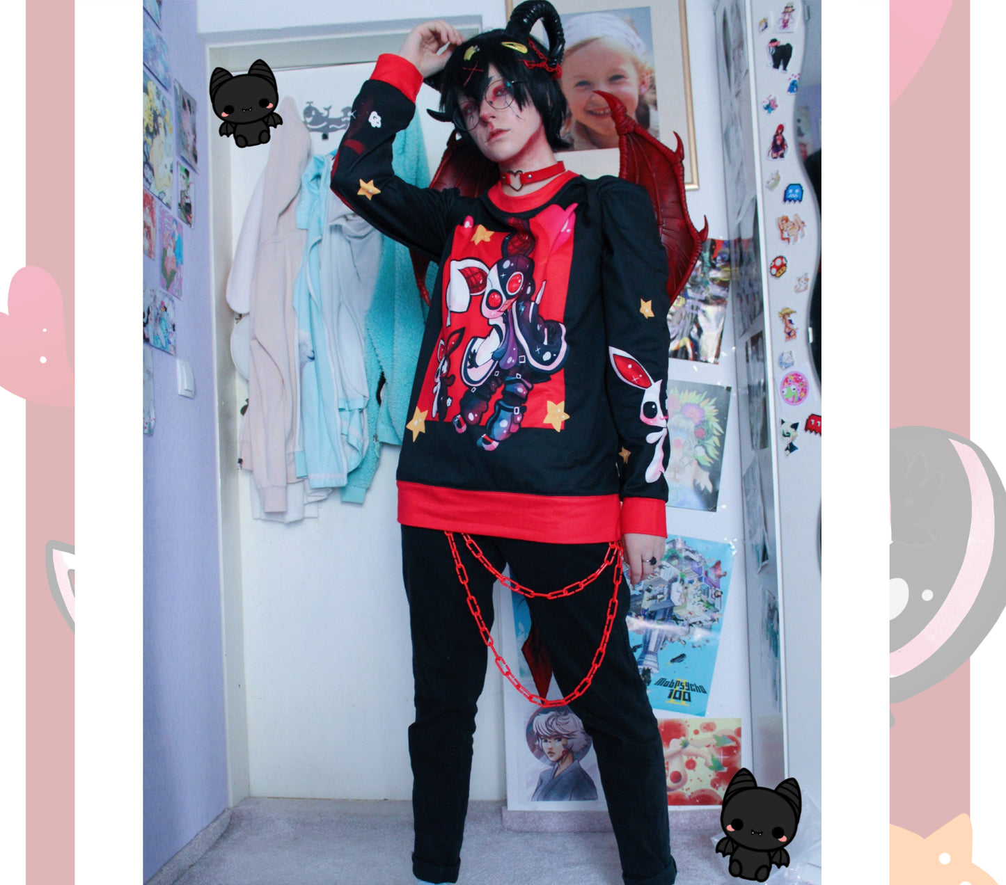 Young boy wearing a pastel goth sweatshirt with creepy demon bunny design
