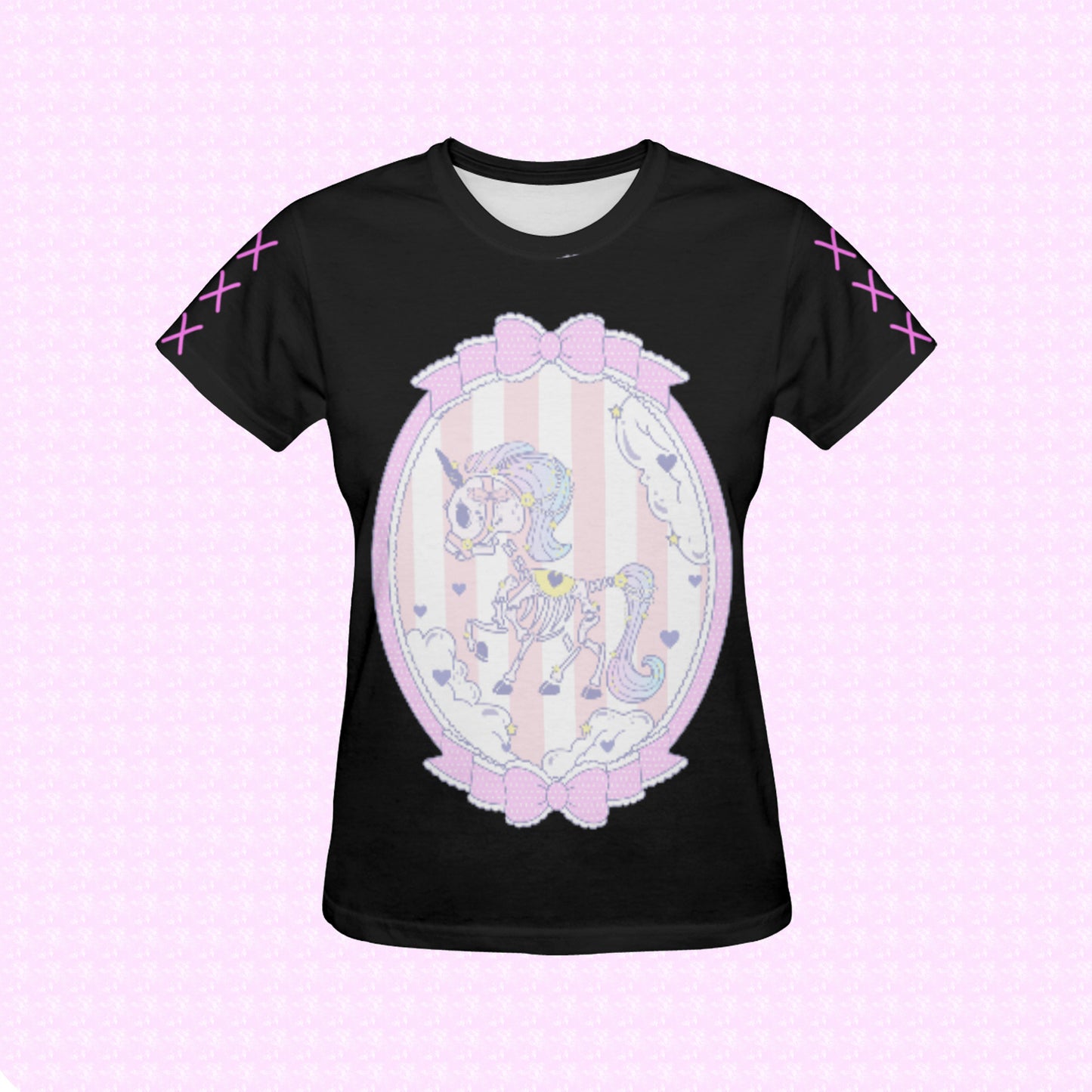 Pastel goth creepy cute unicorn skeleton t-shirt on pastel background.