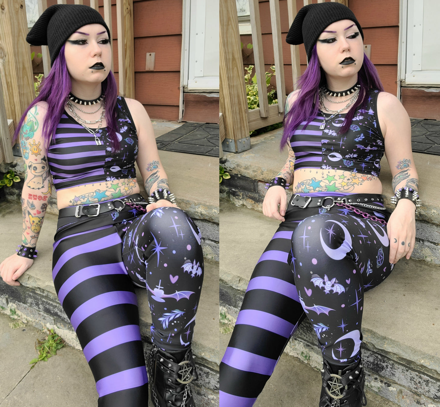 Young girl wearing a pastel goth outfit crop top and leggings with Black and Purple Bats design