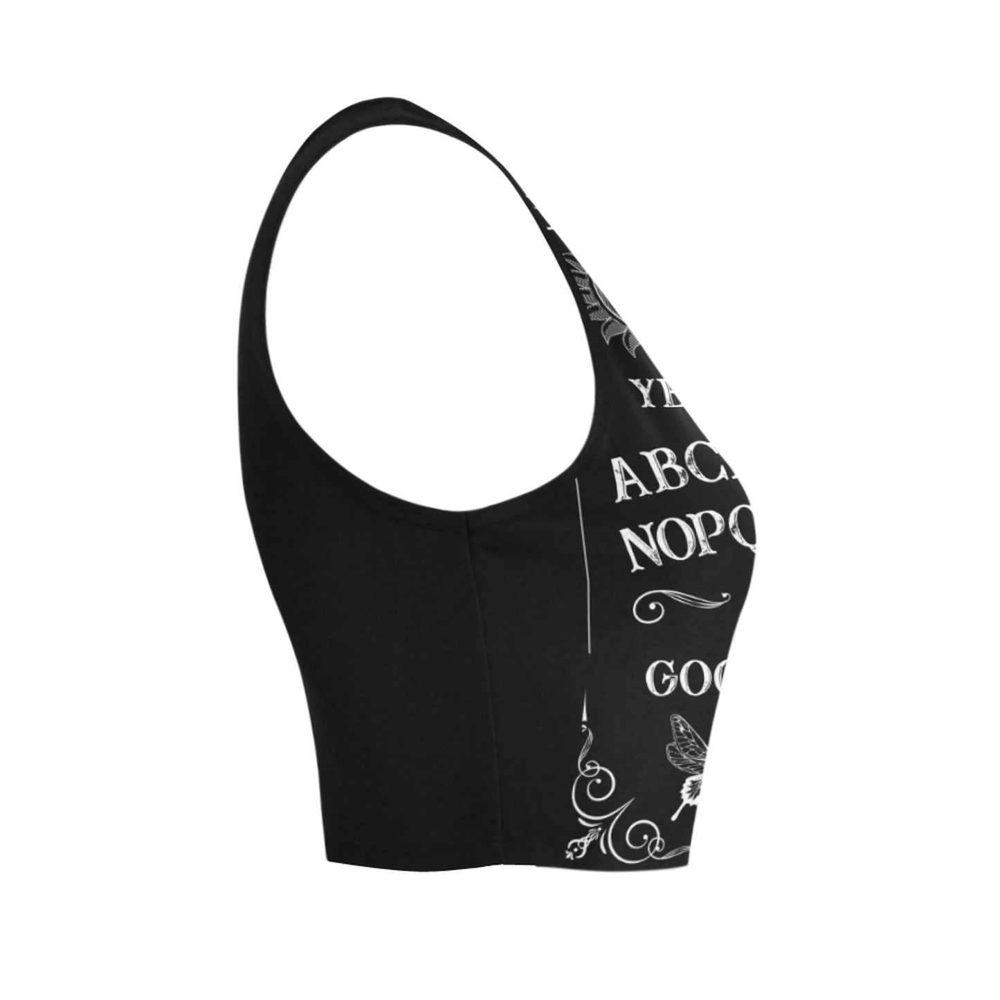 black pastel goth Ouija board crop top displayed on clean white background.