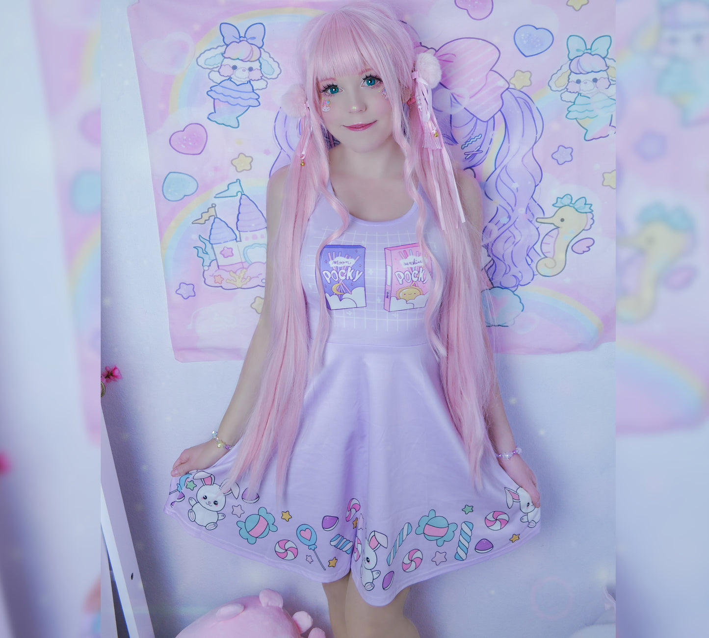 young model wearing a cute Pocky Kawaii Skater dress with candies