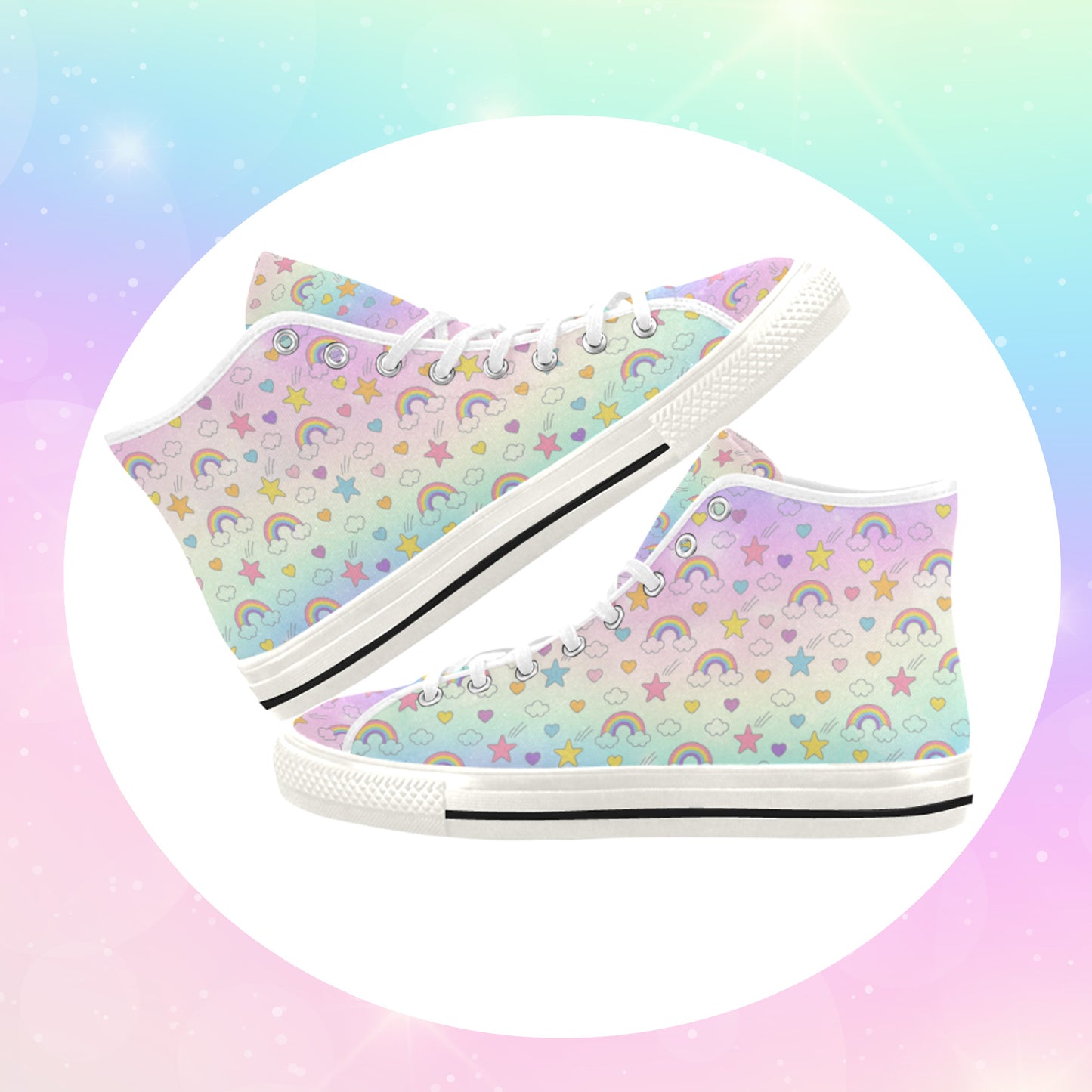 Close-up of cute pastel-colored shoes with decorative elements, displayed on a light background