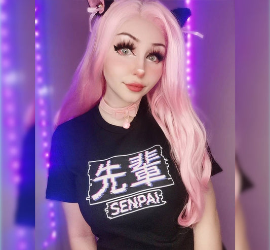 model wearing a Senpai Pastel Goth Vaporwave glitch Anime Cosplay t-shirt
