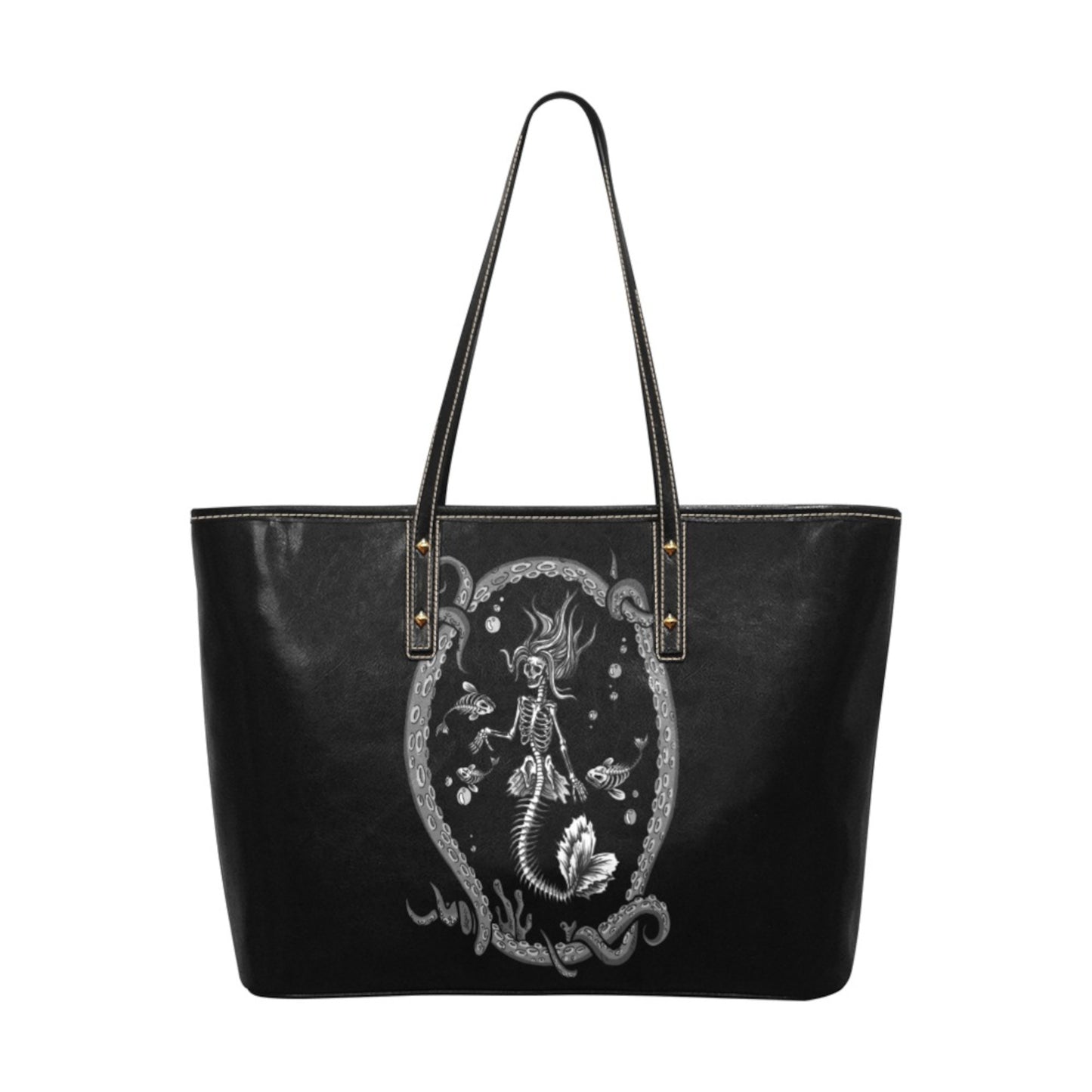 black tote bag with a skeleton mermaid design on a white background