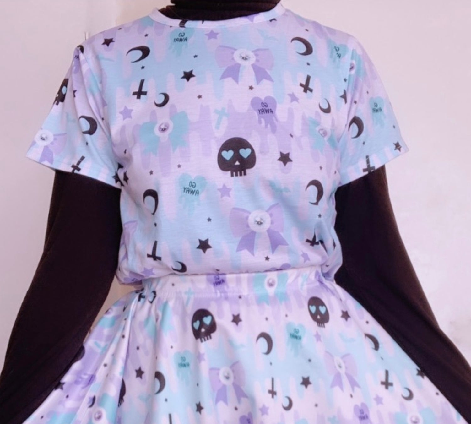girl dressed  in Yami Kawaii Blue Skull t-shirt