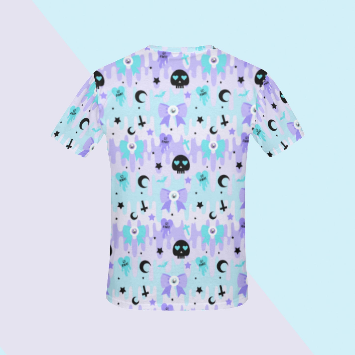 Pastel goth blue t-shirt displayed on pastel background.