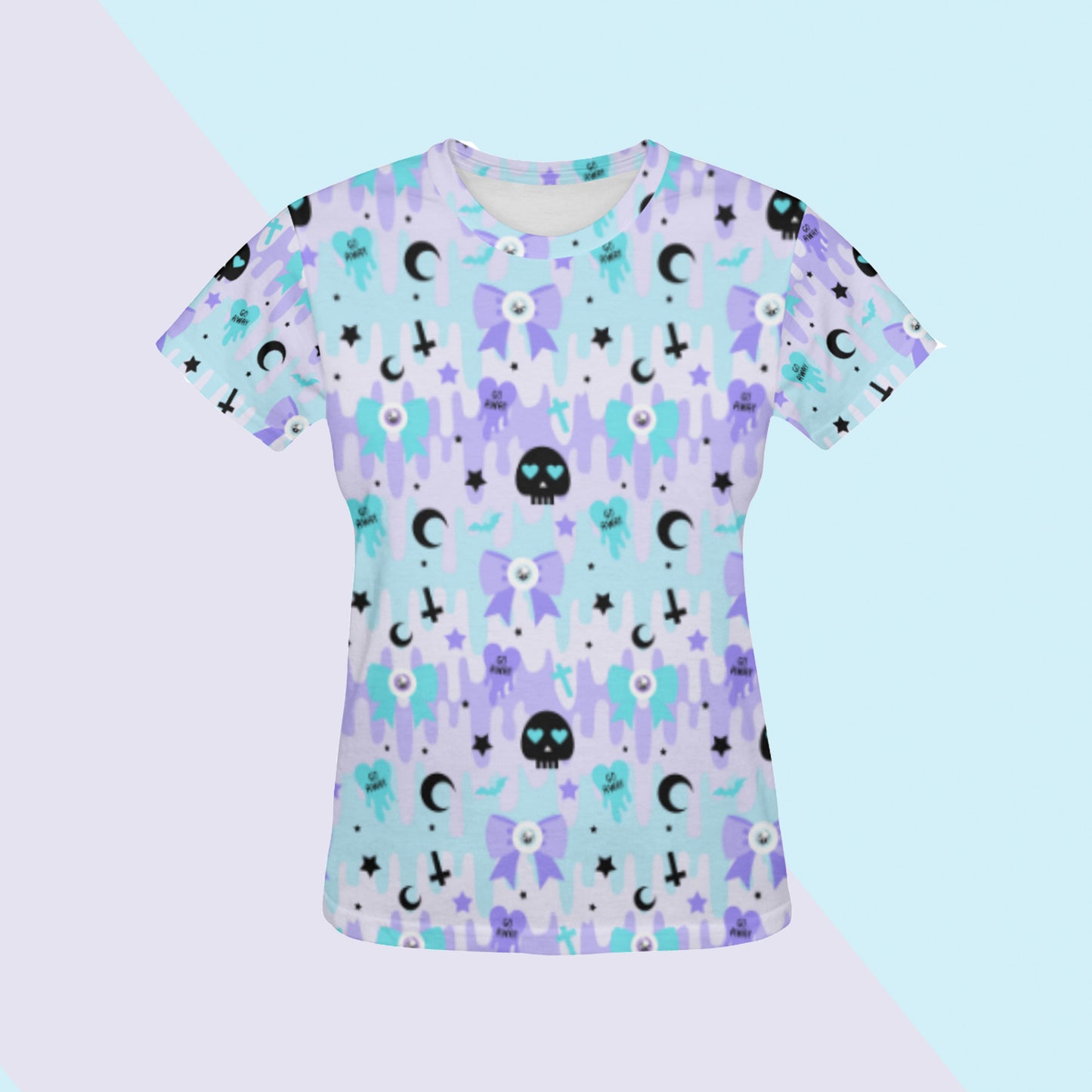 Pastel goth blue t-shirt displayed on pastel background.