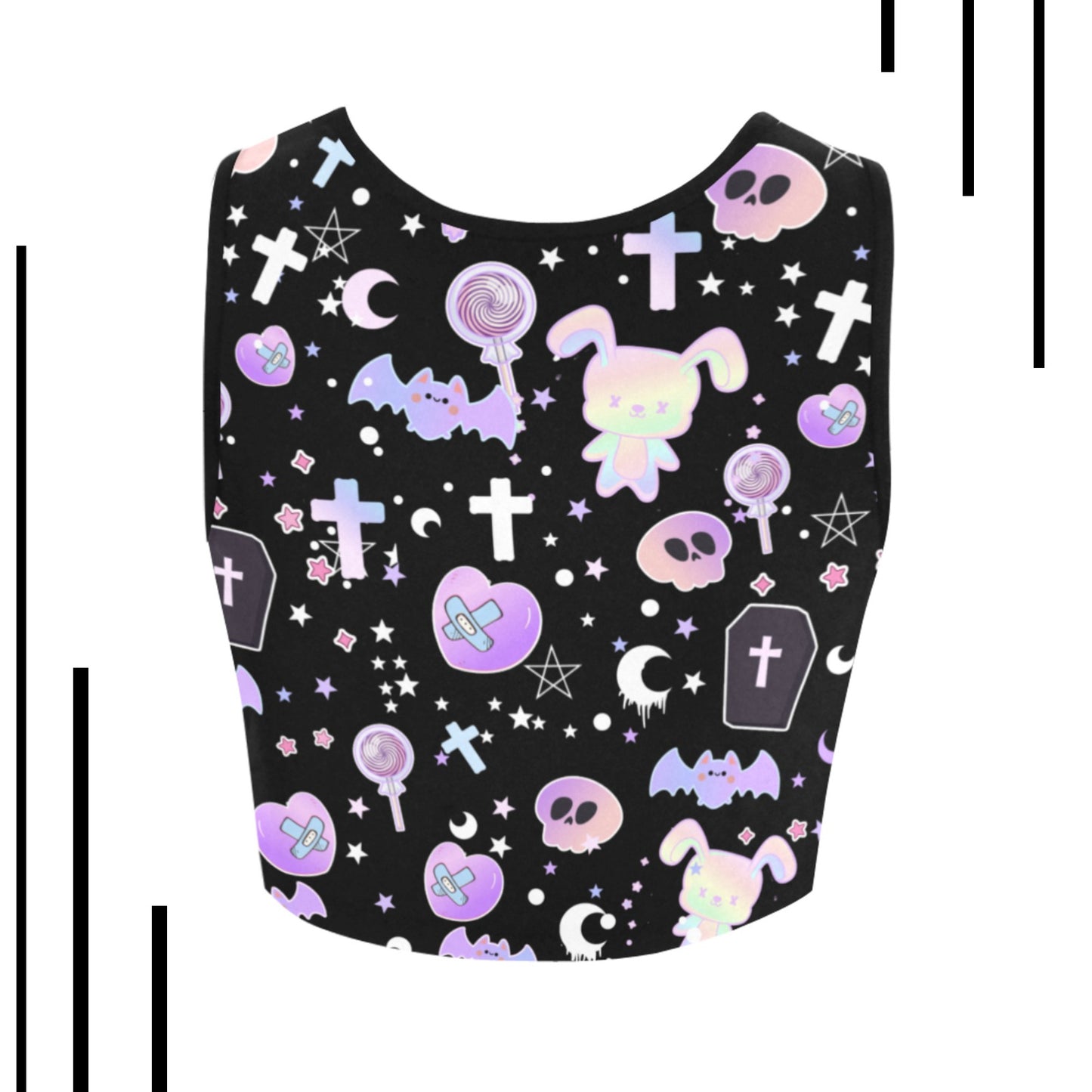 Pastel goth crop top with skull and bat print on white background.