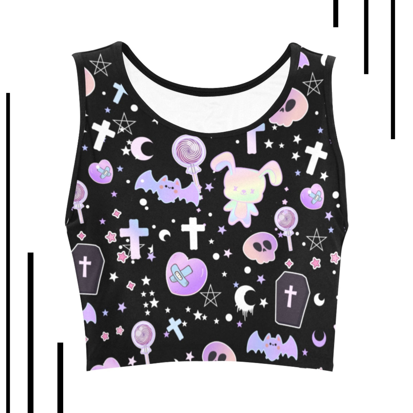 Pastel goth crop top with skull and bat print on white background.