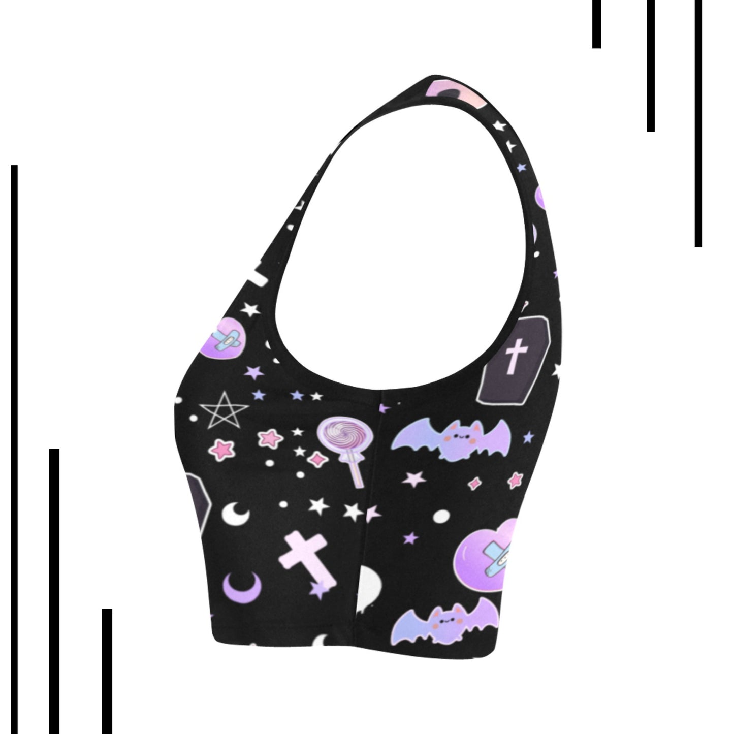 Pastel goth crop top with skull and bat print on white background.