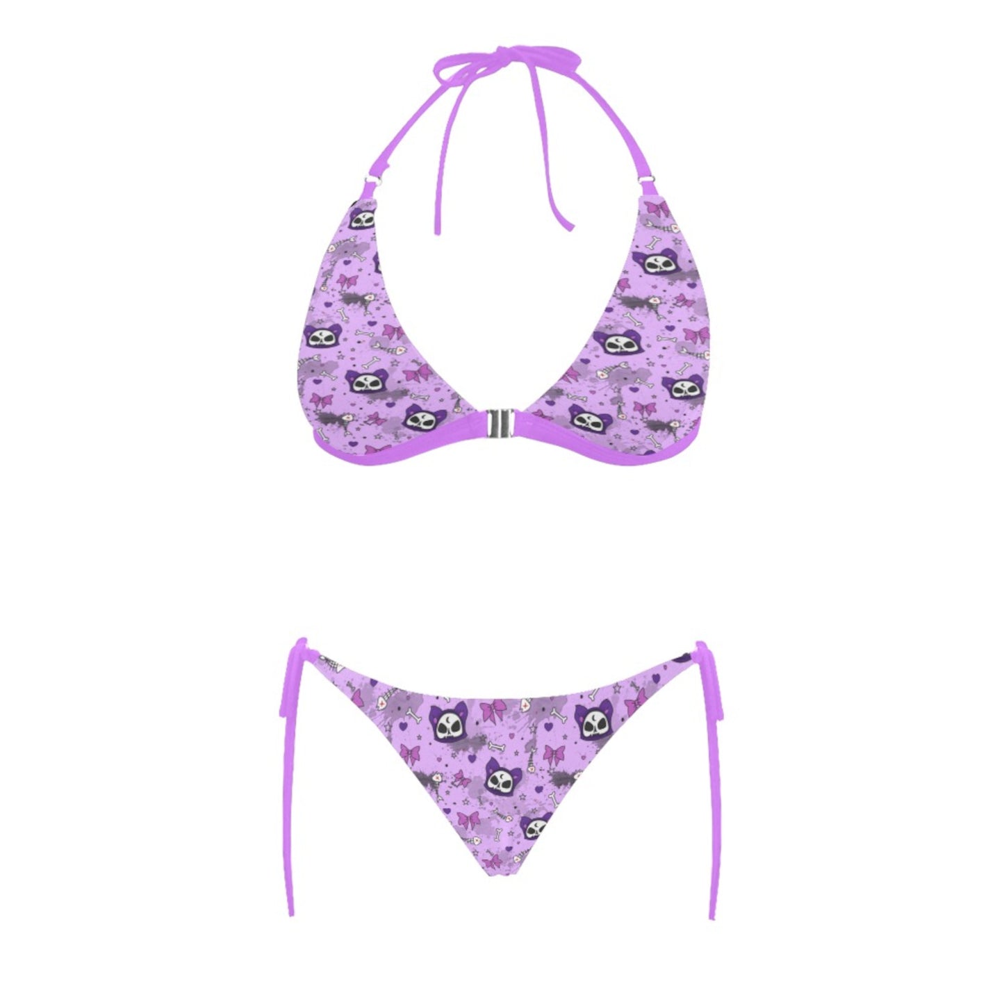 Yami Kawaii Pastel Goth Cat Skull Cat Halter Bikini displayed on a white background