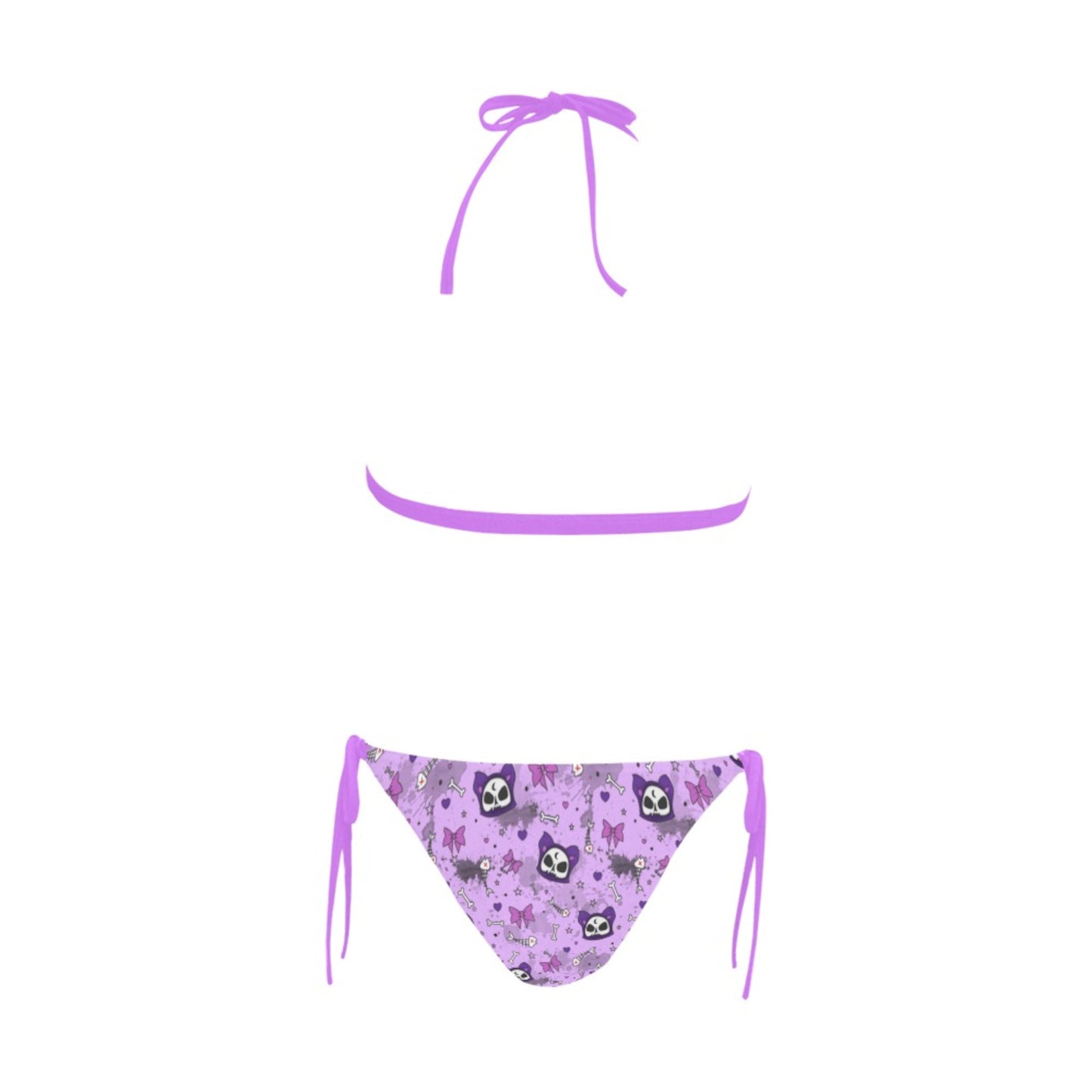 Yami Kawaii Pastel Goth Cat Skull Cat Halter Bikini displayed on a white background