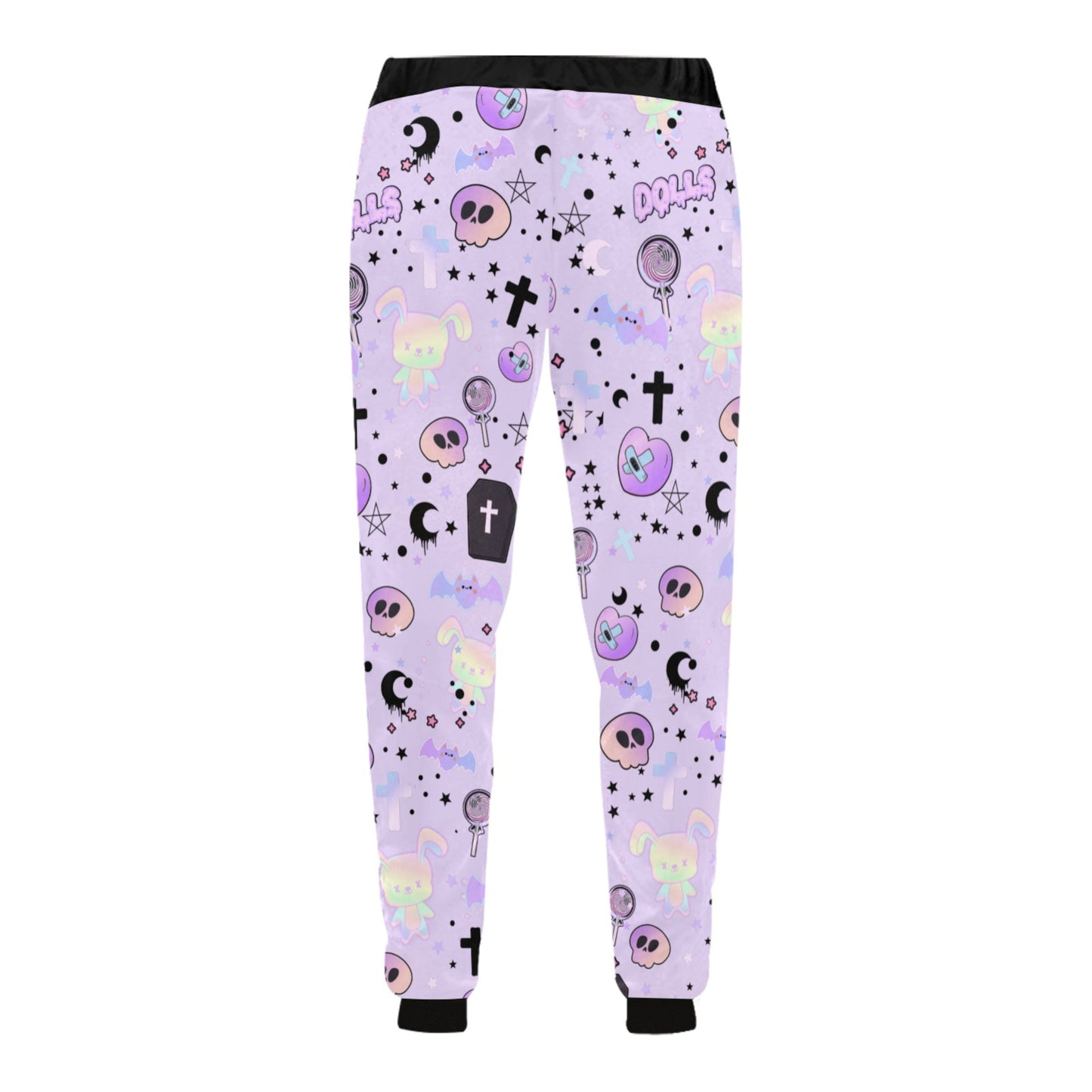 Yami Kawaii Pastel goth joggers with spooky print on white background.