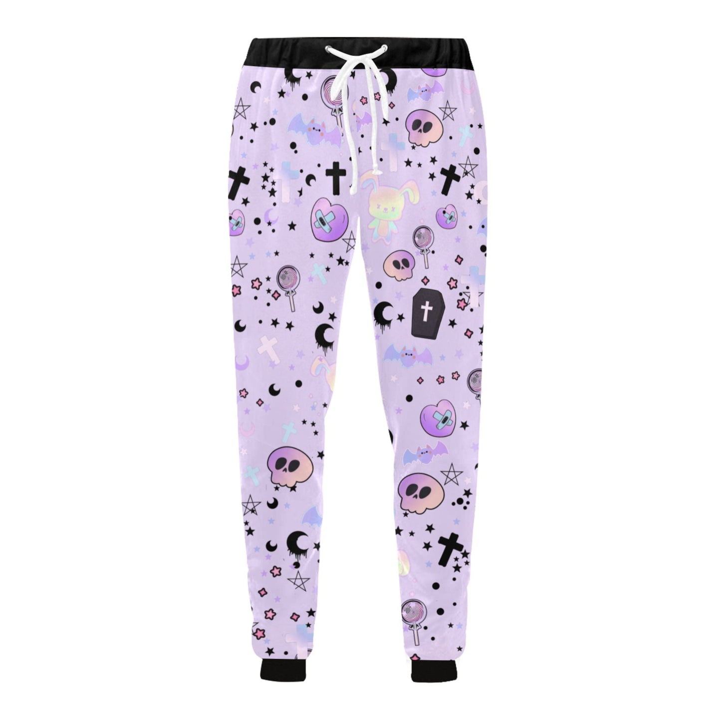 Yami Kawaii Pastel goth joggers with spooky print on white background.