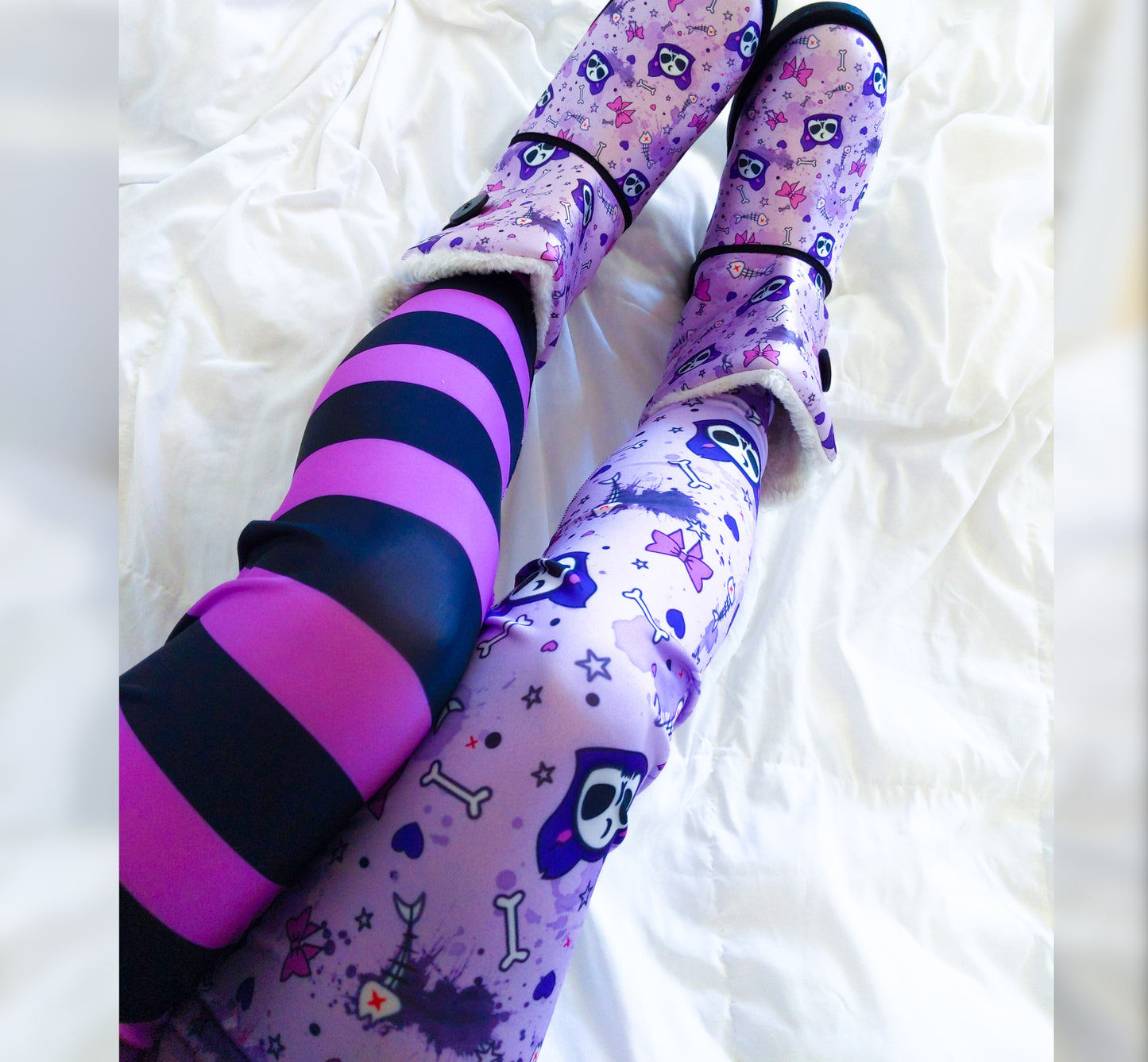 Teen girl dressed in pastel goth fashion with a spooky-cute leggings.
