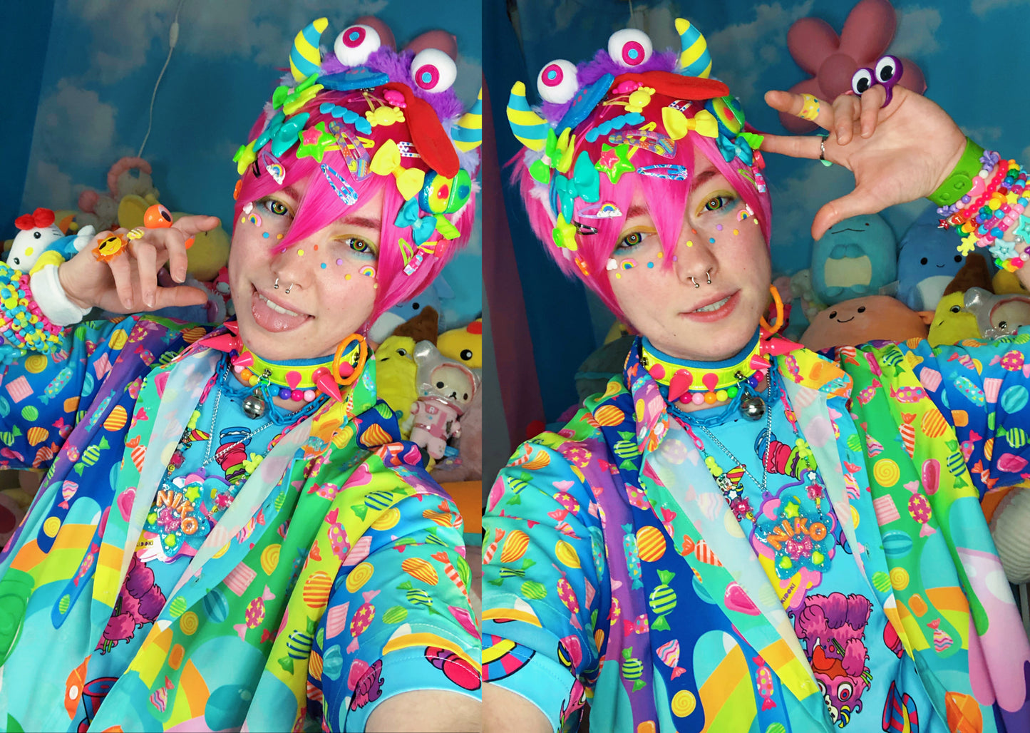Youthful model wearing a cute harajuku shirt with candyworld print