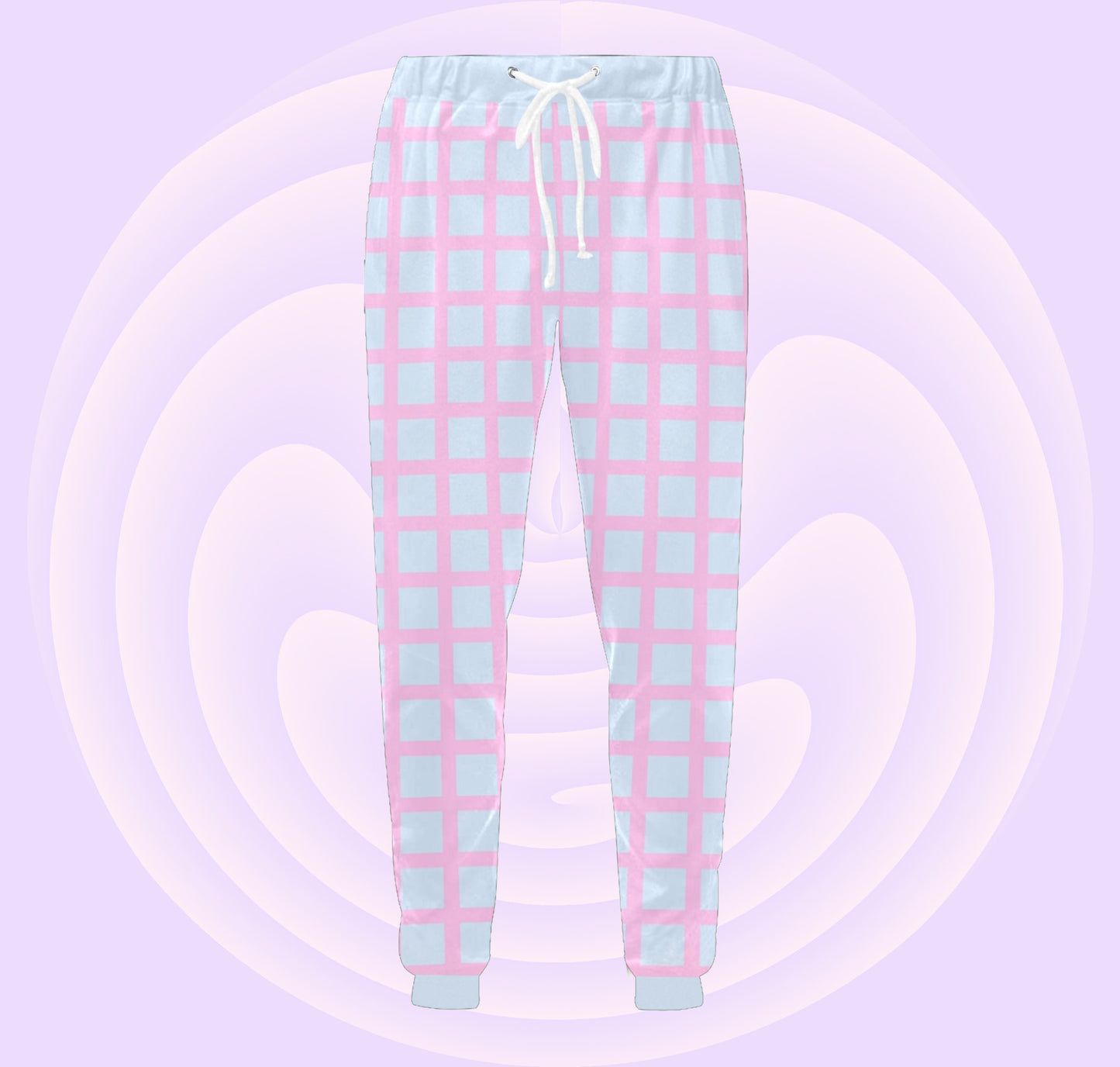 Yume Kawaii Checkered Pastel Unisex Jogger Pants displayed on pastel background.