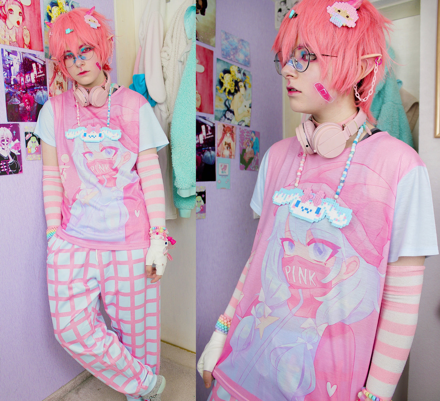 model wearing Yume Kawaii Checkered Pastel Unisex Jogger Pants_top