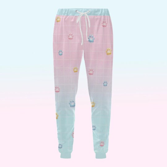 pastel kawaii joggers displayed on light background.