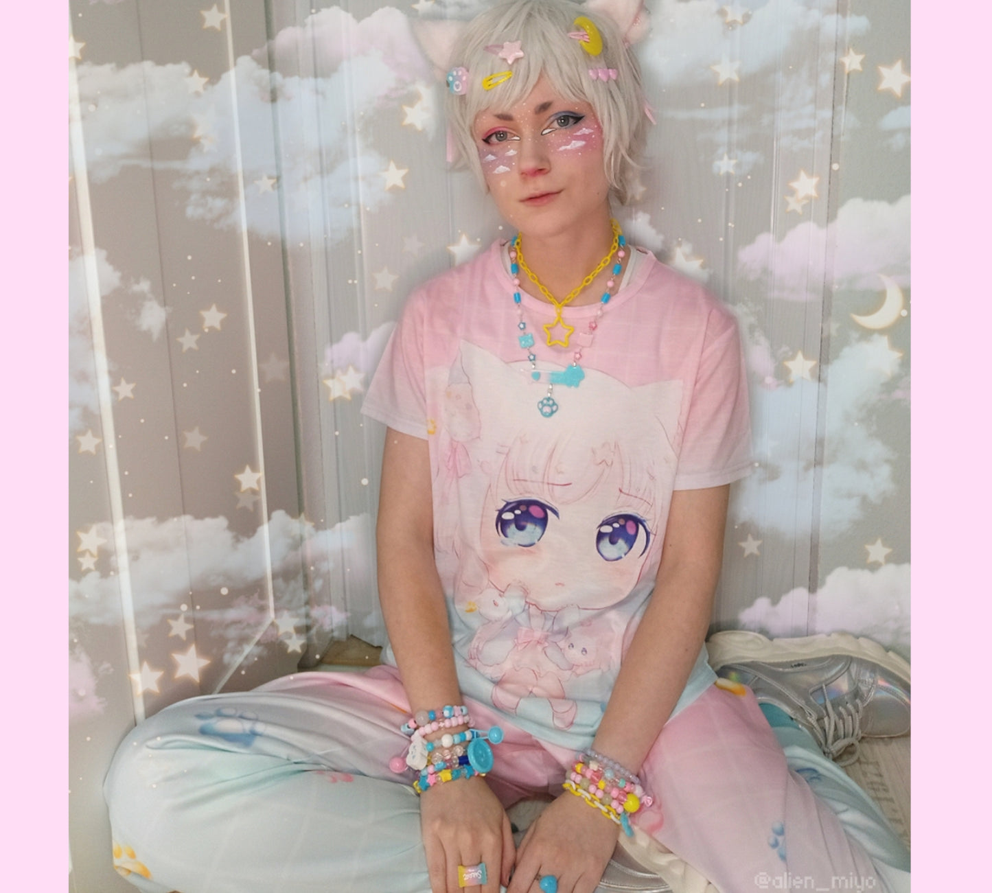 young boy wearing a pastel kawaii cat joggers set