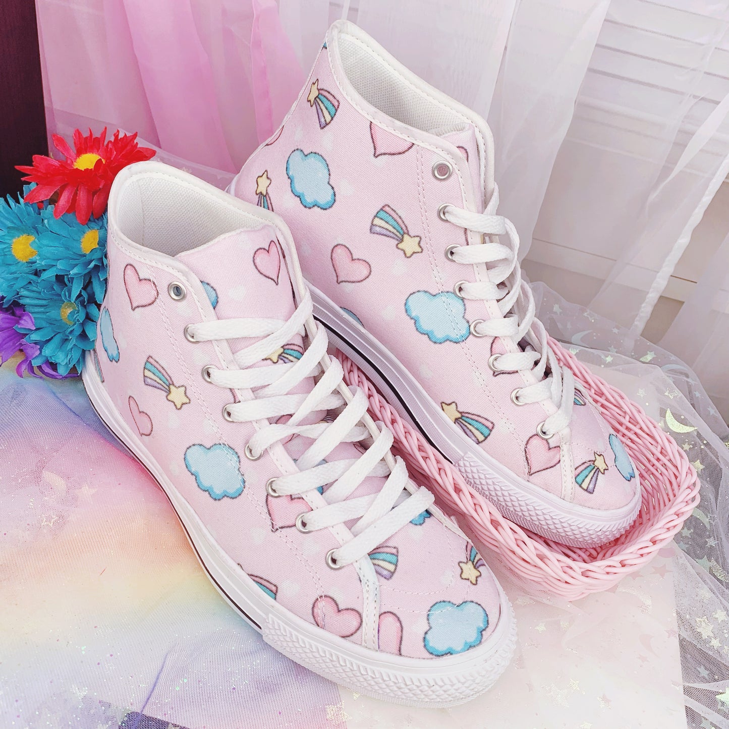Close-up of cute pastel-colored shoes with decorative elements, displayed on a cute background