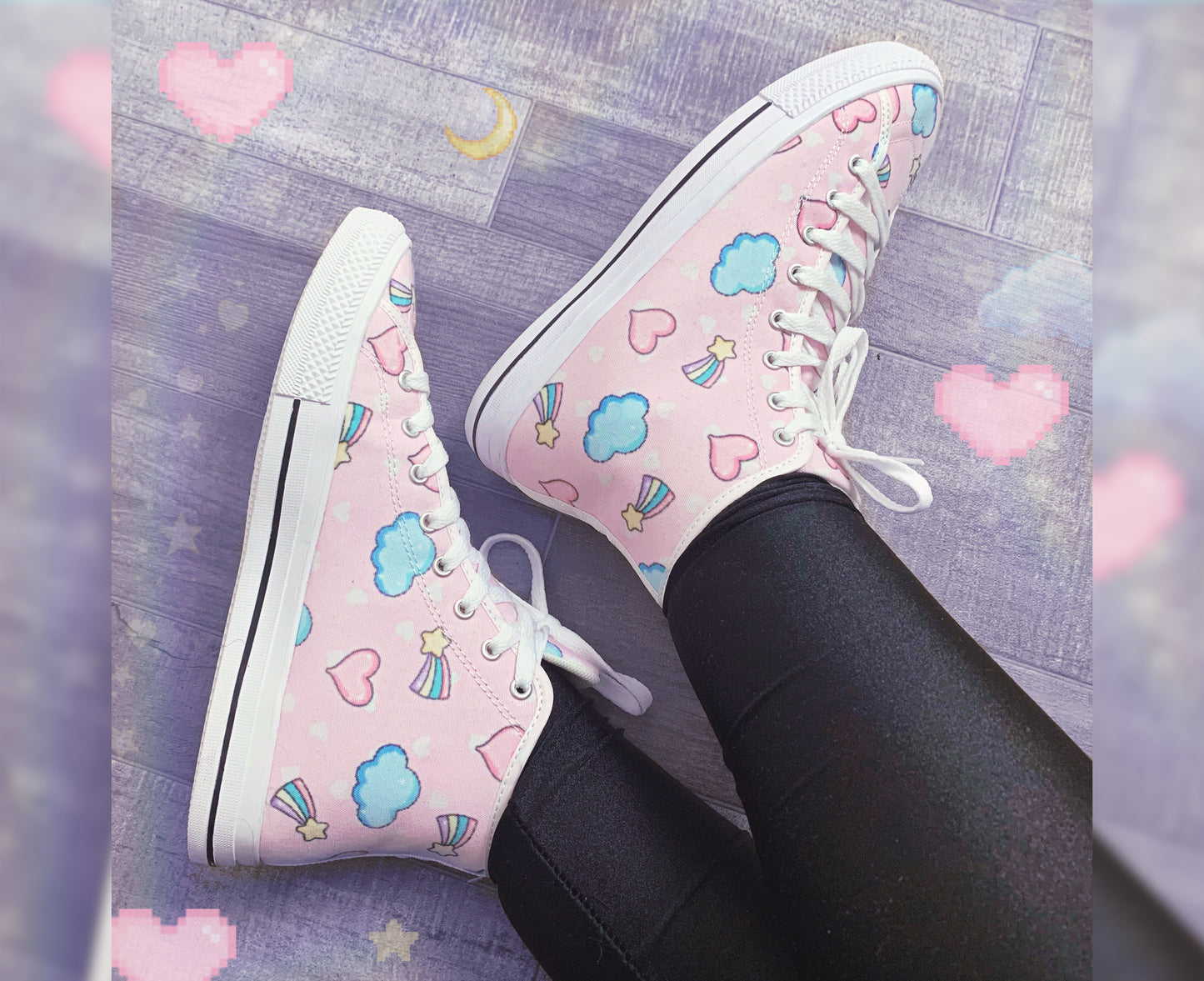 Close-up of cute pastel-colored shoes with decorative elements, displayed on a pattern background