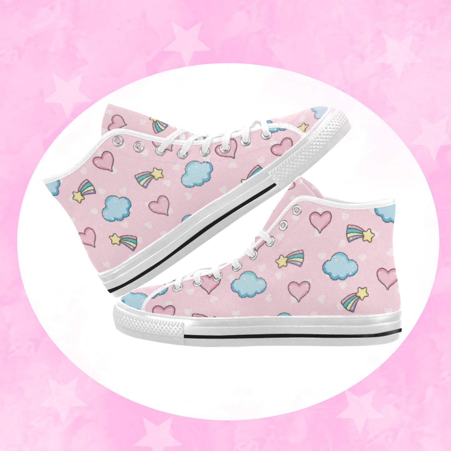 Close-up of cute pastel-colored shoes with decorative elements, displayed on a white background