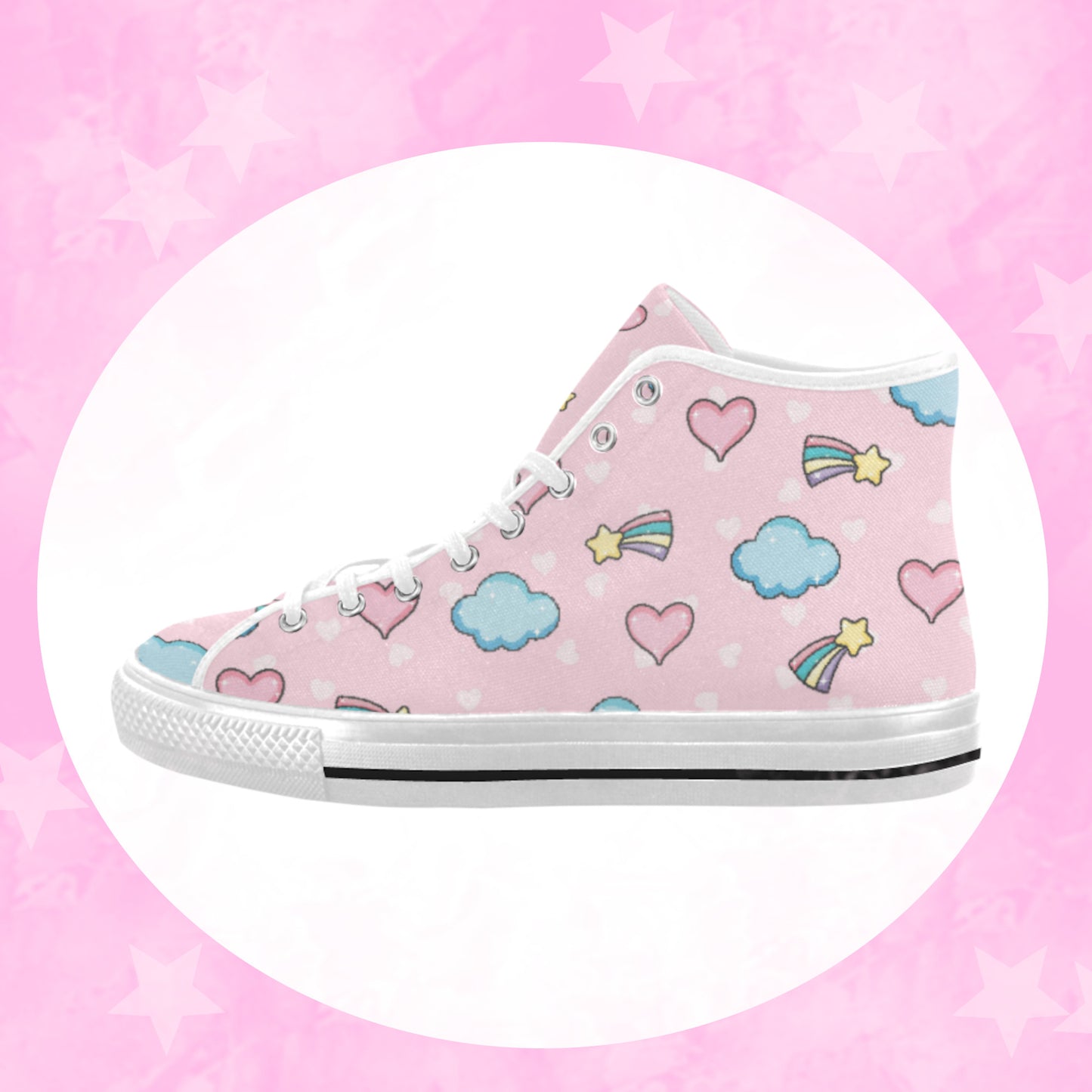 Close-up of cute pastel-colored shoes with decorative elements, displayed on a white background