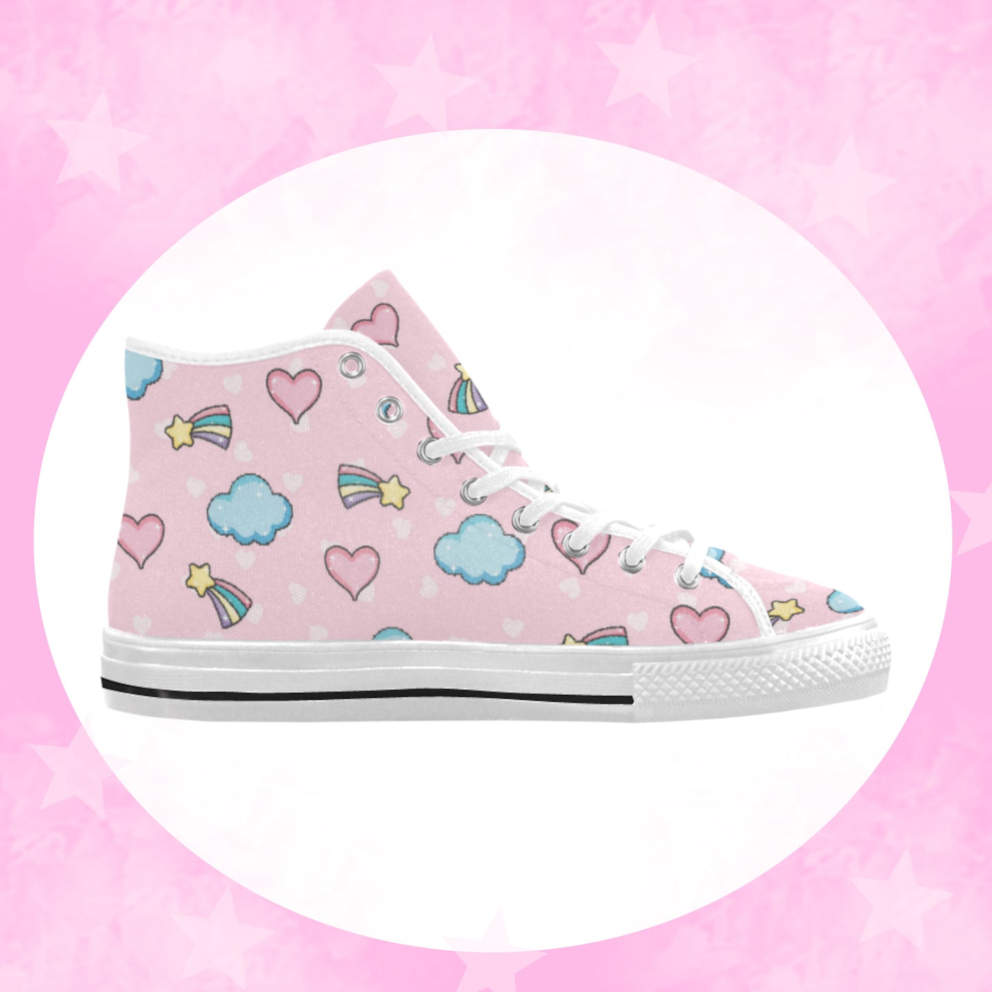 Close-up of cute pastel-colored shoes with decorative elements, displayed on a white background