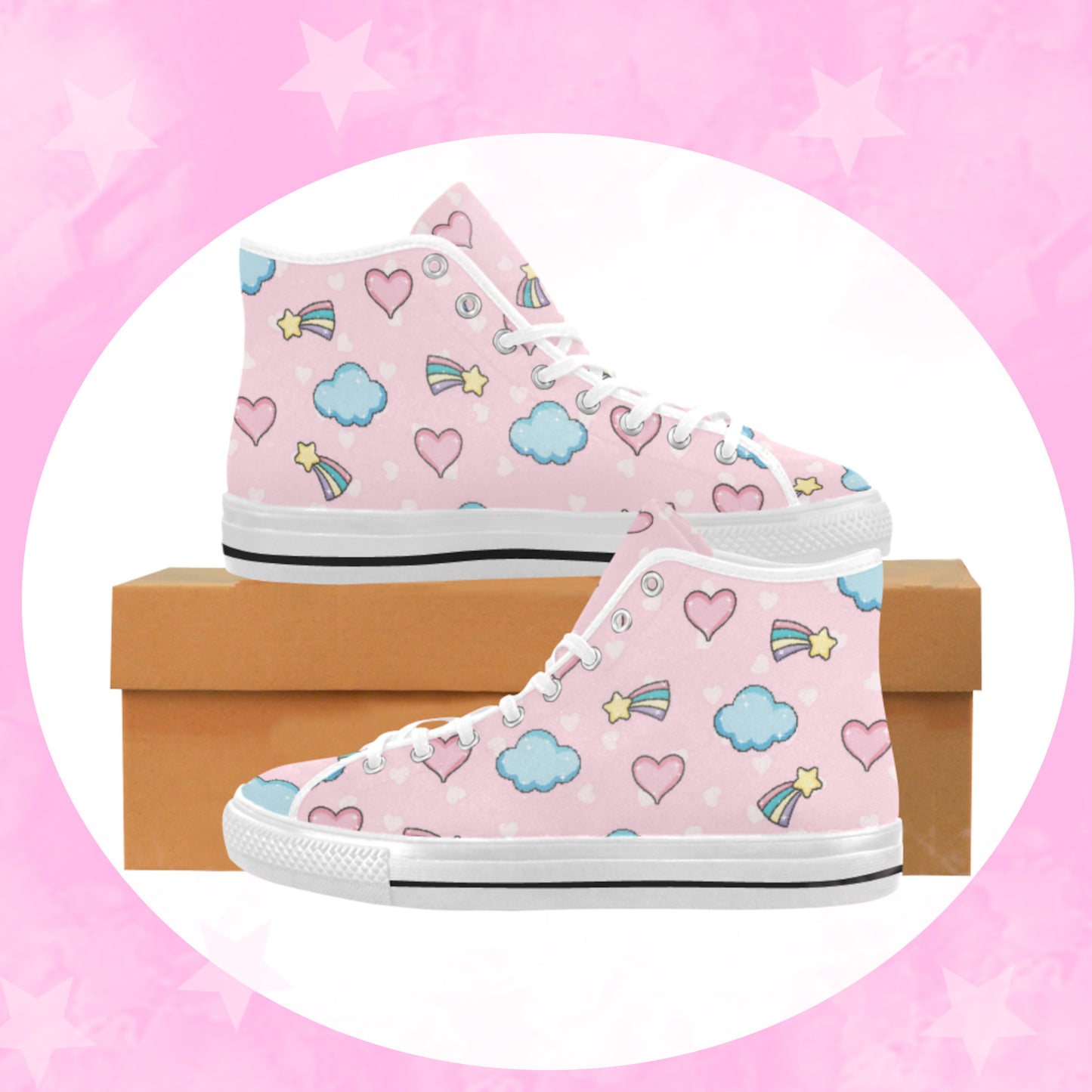 Close-up of cute pastel-colored shoes with decorative elements, displayed on a white background