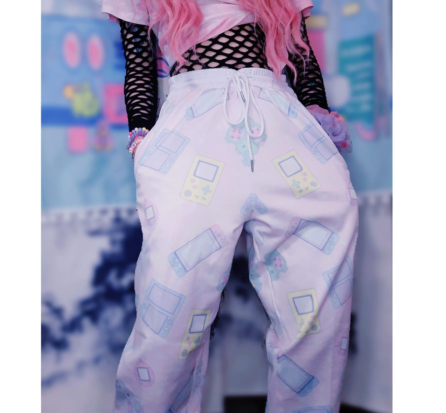 model wearing Yume Kawaii Fairy kei Video Game Jogger Pants