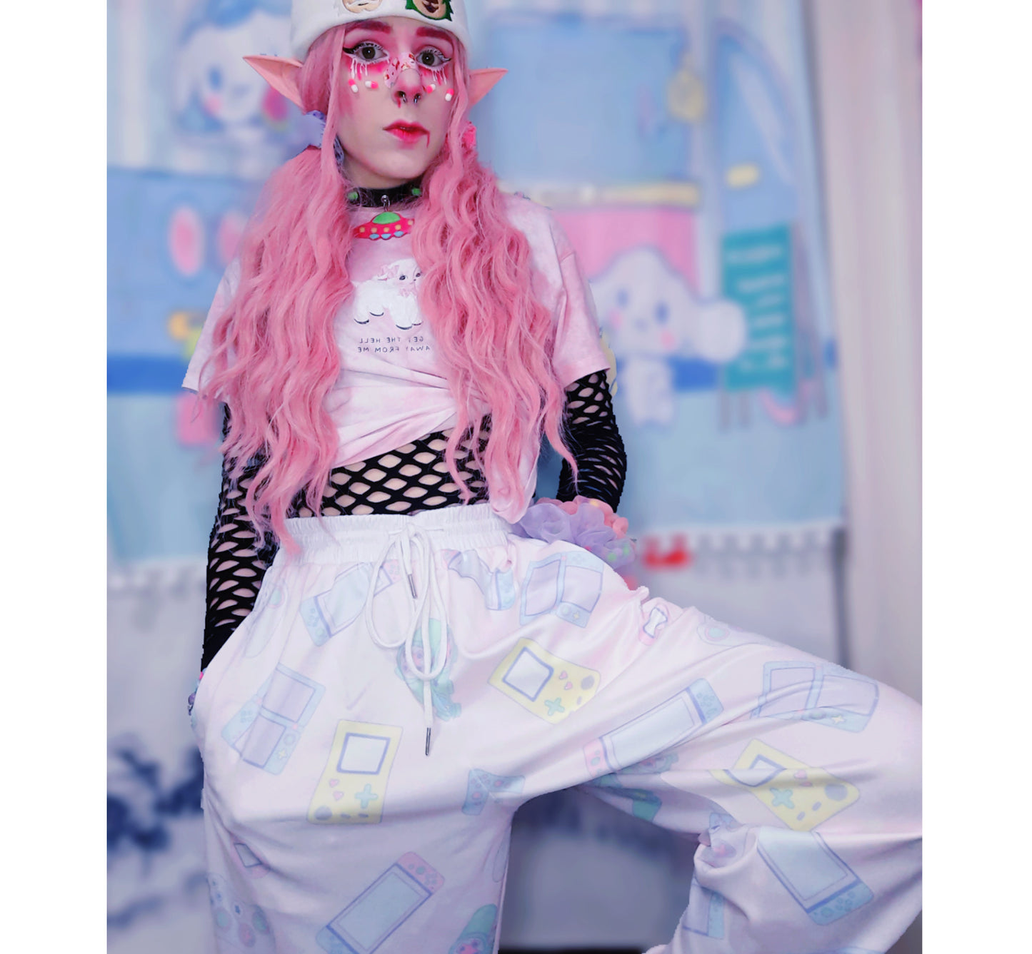 model wearing Yume Kawaii Fairy kei Video Game Jogger Pants