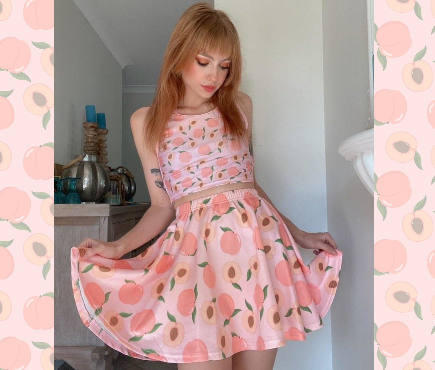 Young girl wearing a pastel kawaii skirt and crop top with a cute print